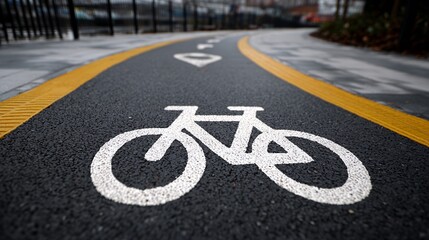 Close-up of bicycle lane symbol on urban asphalt street with yellow markings