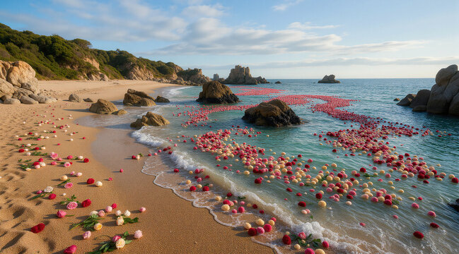 Sea of Roses &ndash; Colorful Flower Heads Floating on a Scenic Rocky Beach with Castle Ruins
