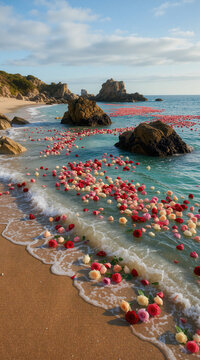 Sea of Roses &ndash; Colorful Flower Heads Floating on a Scenic Rocky Beach with Castle Ruins