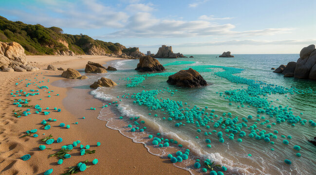 Sea of Roses &ndash; Colorful Flower Heads Floating on a Scenic Rocky Beach with Castle Ruins
