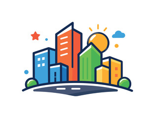 Vibrant urban life and modern city atmosphere focused on busy metropolitan environments and creative energy, a colorful skyline of simple buildings beside a small sun forming a