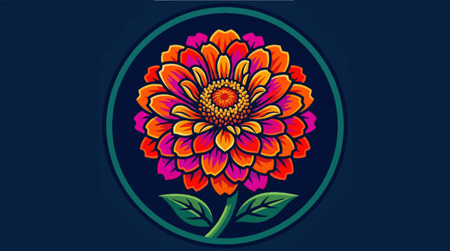 Vibrant Zinnia Flower Illustration with Detailed Petals and Leaves.