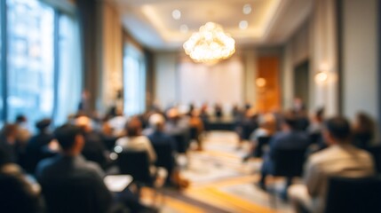 Fototapeta premium Professional Business Conference with Audience Listening to Speaker in Modern Venue