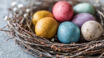 Fototapeta premium A close-up of colorful Easter eggs in a natural twig nest on a gray surface