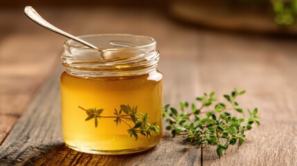 food photography, close-up of a spoon inside a lemon thyme jelly jar, highlighting a sprig of fresh lemon thyme in the golden jelly on a wooden table with warm light