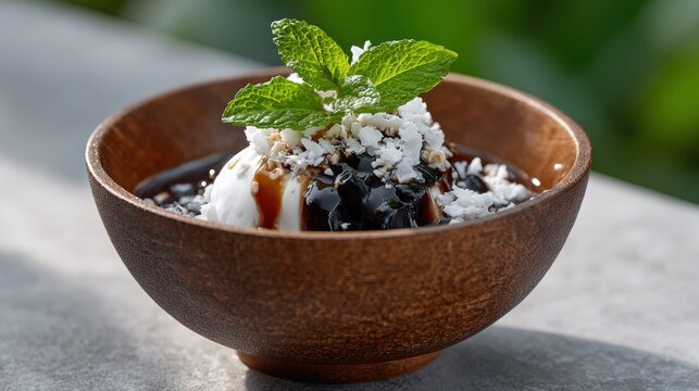 street food photography, in a travel article, a singapore street stall presents an elegant gourmet cincau dessert- shredded grass jelly, coconut milk, condensed milk, and palm sugar syrup, showcased