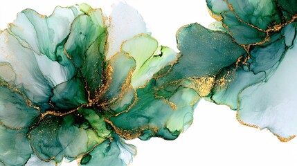 Naklejka premium Abstract green and gold alcohol ink painting with flowing fluid art design