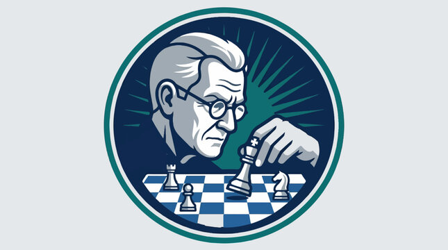 Elderly man playing chess with intense focus.