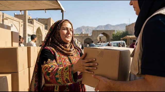 Woman in traditional attire receives a cardboard package from a volunteer in Iran. Humanitarian aid distribution event in a desert city to support local community.