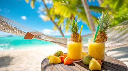 Obraz premium Tropical Beach Scene with Hammock and Refreshing Pineapple Juice Glasses