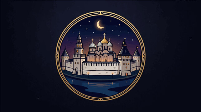 Moscow Kremlin at night a historical fortress with iconic cathedrals and towers under a crescent moon.