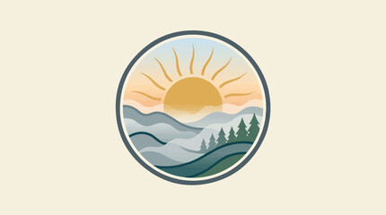 Obraz premium Sunrise over mountains and forest in a circular emblem.