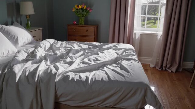 Quiet Morning With Blooming Flowers. Tranquil Morning Ambiance Captured In Bright Room With Blossoms. Calm And Restful Dawn Scene Featuring Illuminated Bedroom Adorned With Fresh Floral Arrangements