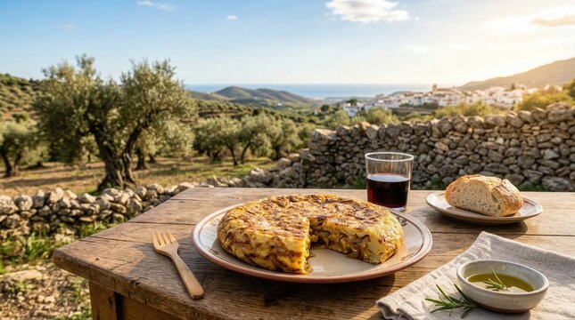 Tortilla Espa&ntilde;ola auf rustikalem Tisch mit Blick &uuml;ber Olivenhaine
Spanisches Kartoffelomelett auf Holztisch in mediterraner Landschaft serviert.