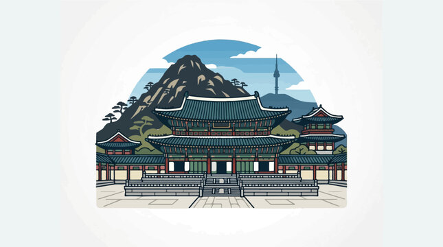 Traditional Korean Palace with Mountain and Tower in Background.
