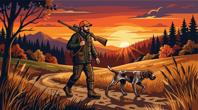 Hunter and his dog walking on a path during sunset.