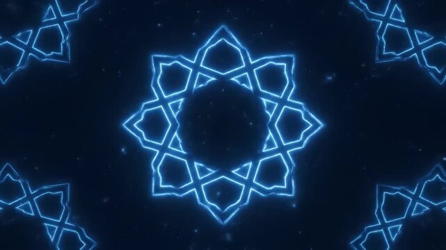 Mesmerizing glowing blue ornate geometric pattern background. Abstract digital art with intricate symmetrical star shapes, perfect for spiritual or futuristic design