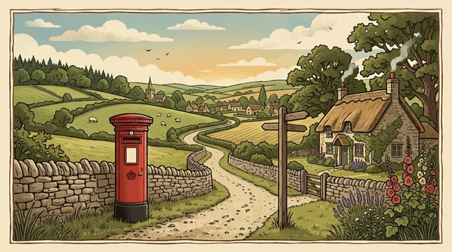 Traditional Red British Post Box in Rural Setting.