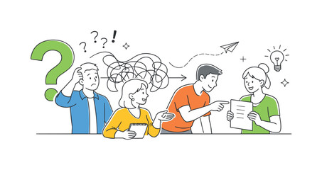 Obraz premium A workplace decision making moment where a small team struggles to understand complex information and unclear instructions during a project discussion, visual metaphor of a large