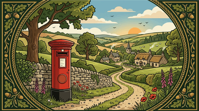 Vibrant Red British Post Box in Rural Setting.