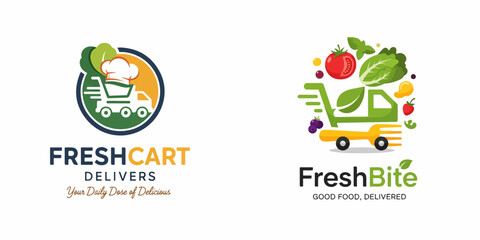Dynamic vector logos promoting fresh grocery and healthy food delivery services with vibrant produce imagery, ideal for modern branding © dewi wenda