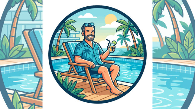 Man enjoying a tropical vacation by the pool holding a refreshing drink.