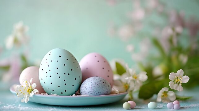 A plate of colorful Easter eggs with flowers on a pastel background
