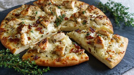 Close-up of homemade roasted chicken flatbread pizza with herbs
