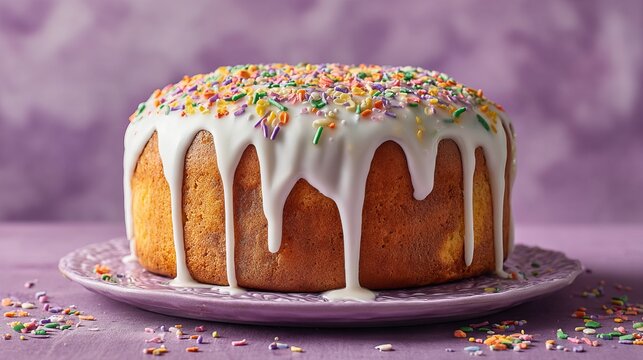 A delicious cake with white icing and colorful sprinkles on a purple plate