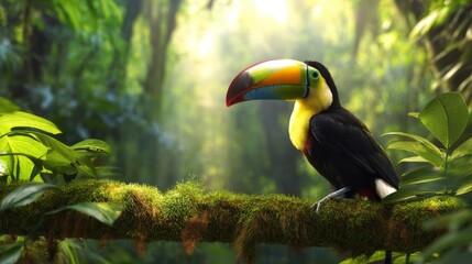 Fototapeta premium Vibrant Portrait of a Toucan Perched on a Moss-Covered Branch in Nature