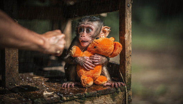 Young Primate Cuddled with Orange Plush Toy in Natural Habitat Shelter During Rainy Weather, Capturing a Moment of Comfort and Vulnerability