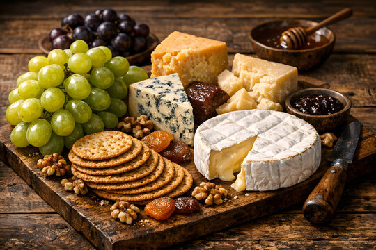 Rustic Cheese and Fruit Charcuterie Board on Dark Wood