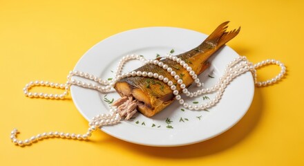 Naklejka premium A grilled fish on a white plate with pearl necklace and herbs on a yellow background