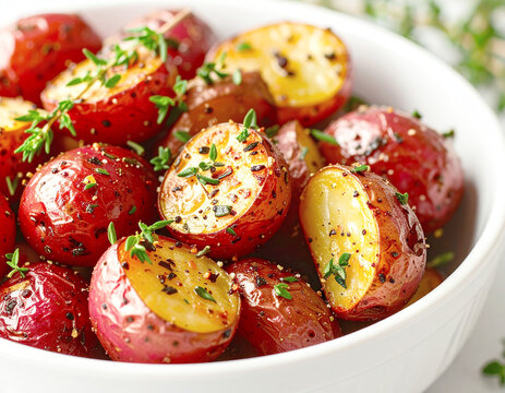 Roasted baby potatoes, with spices, white serving bowl. AI