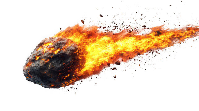 Fiery meteorite falling with flames, space rock, asteroid impact, isolated on transparent background