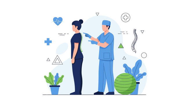 Chiropractor examining patient's spine, posture correction, medical checkup, healthcare concept