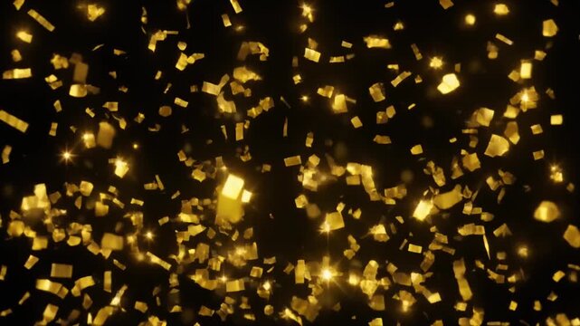 Falling shiny golden confetti. Bright festive tinsel of gold color. Bokeh lights on black background