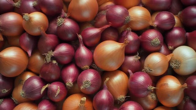 Fly over background of onions and shallots