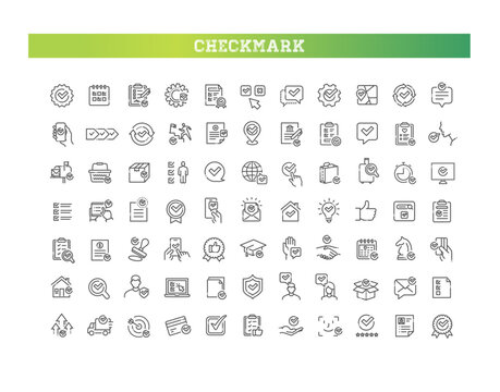 Check Mark Line Icons Set. Approval, Verification, Checklist, Quality Control, Business Process Outline Icons
