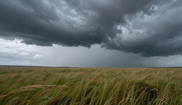 Dramatic storm clouds over a grassy field during rainfall.