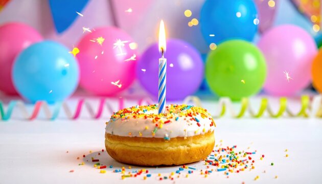 A single birthday cake donut frosted with vanilla buttercream and rainbow jimmies, topped with a lit candle and surrounded by colorful balloons and confetti