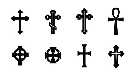 Fototapeta premium Collection of various black christian crosses and an ankh symbol on a white background