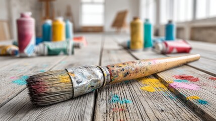 Fototapeta premium Paint-stained Brush on Wooden Table in Bright Artist Studio Environment