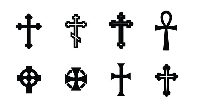 Collection of various black christian crosses and an ankh symbol on a white background