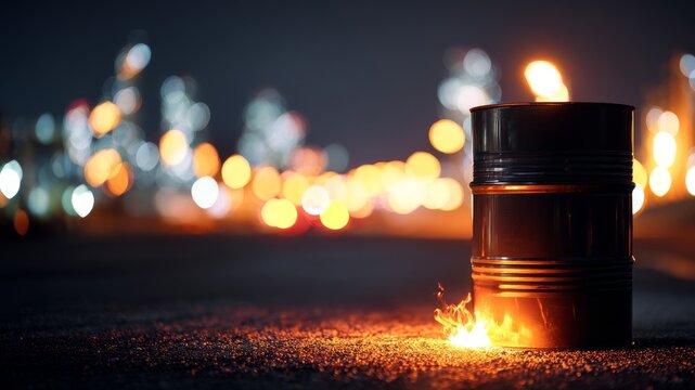 A black oil barrel burns on a dark street, surrounded by blurred city lights. The scene symbolizes the rising fuel prices and geopolitical tensions.