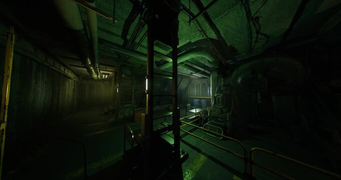 dim green industrial tunnel with pipes and machinery, moody atmosphere, wet floor and overhead cables, distant lamp glow guiding imaginary inspector, safety
