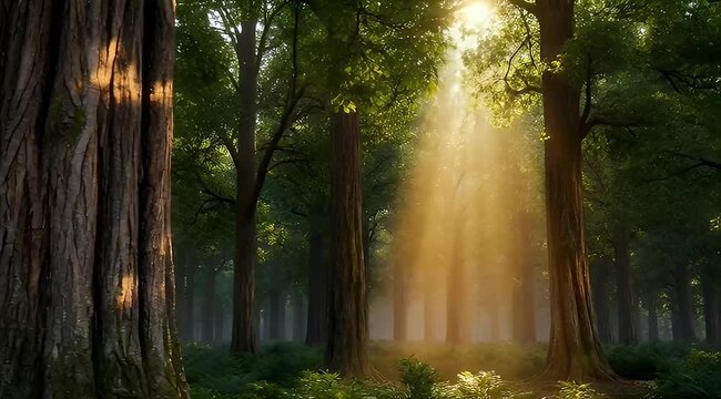 Sunlight filters through a lush forest with tall trees and green foliage