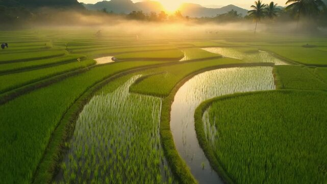 Lush Green Rice Terraces Bathed in Golden Morning Sunlight with Gentle Mist Rising