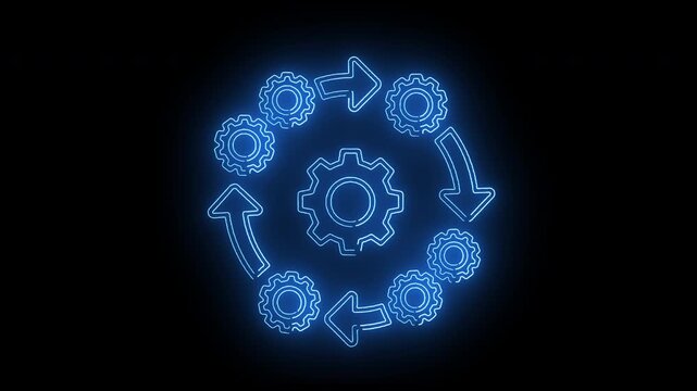 Glowing blue gear icons forming a circular process cycle on a dark background with arrows