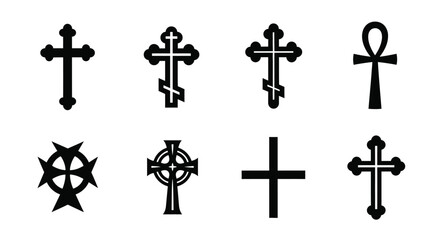 Collection of various black religious crosses and an ankh symbol on a white background